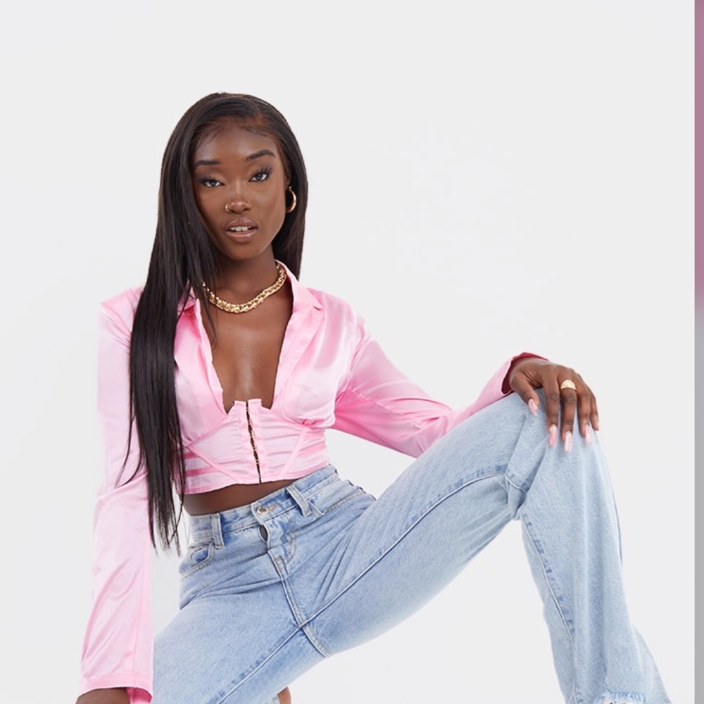 Hot Pink Satin Corset Waist Plunge Crop Shirt